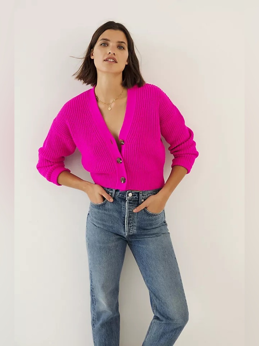 Anthropologie Maeve Cardigan Sweater Women Medium Pink Sunny Cropped Chunky Knit